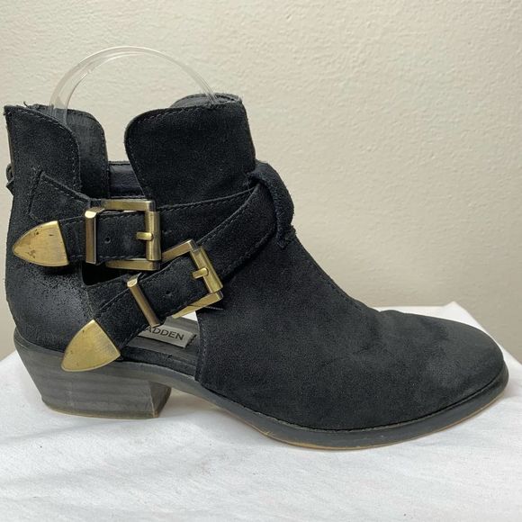 Steve Madden Cinch Distressed Leather Ankle Booties Buckle Cutout - Picture 6 of 10